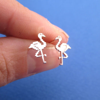 Pixel Flamingo Bird Shaped Allergy Free Stud Earrings in Rose Gold