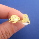 Saturn Rocket Shaped Space Themed Sterling Silver Stud Earrings in Gold