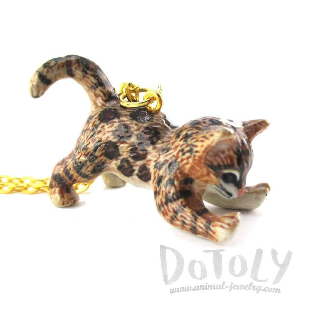 Playful Porcelain Bengal Kitten Cat Shaped Ceramic Pendant Necklace