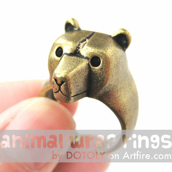 3D Adjustable Polar Bear Animal Wrap Around Hug Ring in Brass | Animal Jewelry | DOTOLY
