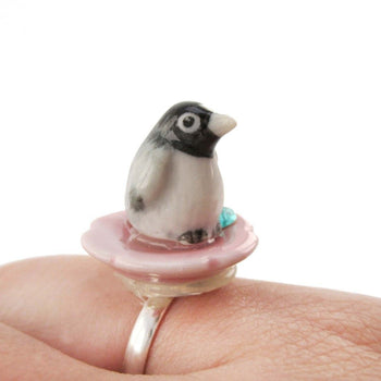 Porcelain Baby Penguin on a Flower Petal Shaped Adjustable Animal Ring