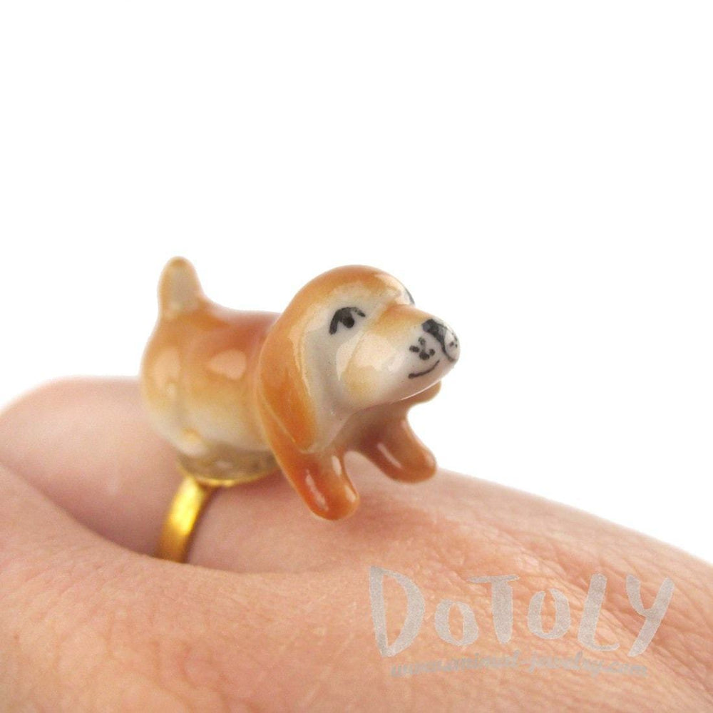 Porcelain Beagle Puppy Dog Shaped Ceramic Adjustable Animal Ring