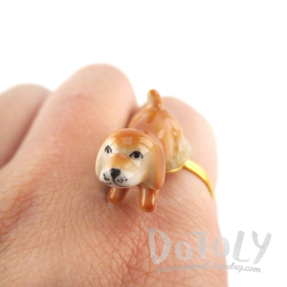 Porcelain Beagle Puppy Dog Shaped Ceramic Adjustable Animal Ring