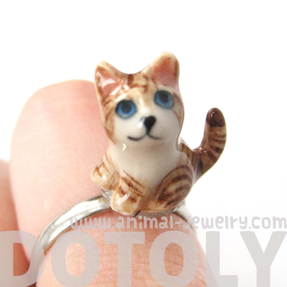 porcelain-ceramic-brown-and-white-kitty-cat-animal-adjustable-ring-handmade