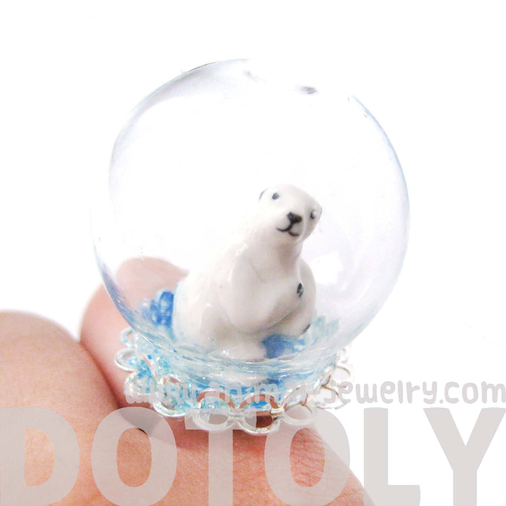 Porcelain Polar Bear Glass Snow Globe Bubble Ball Adjustable Ring
