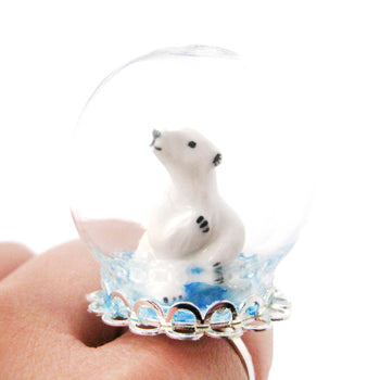 Porcelain Polar Bear Glass Snow Globe Bubble Ball Adjustable Ring