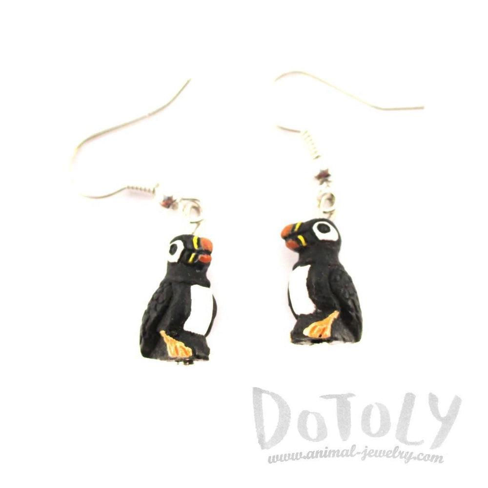 Porcelain Puffin Bird Shaped Ceramic Dangle Earrings | Handmade