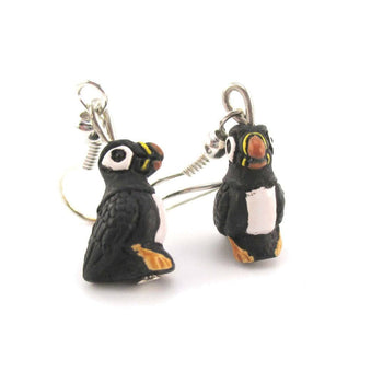 Porcelain Puffin Bird Shaped Ceramic Dangle Earrings | Handmade
