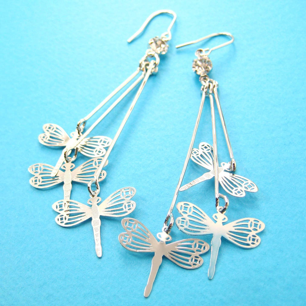 Pretty Dragonfly Shaped Dangle Earrings in Silver | Animal Jewelry