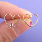 Small Heart Shaped Outline Stud Earrings with Pink Teardrop Rhinestone