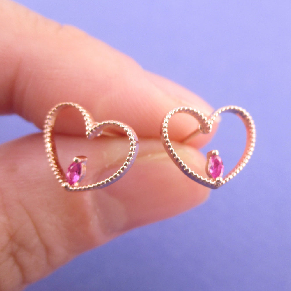 Small Heart Shaped Outline Stud Earrings with Pink Teardrop Rhinestone