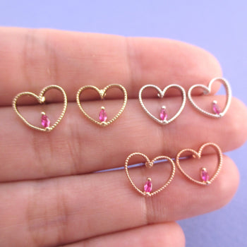 Small Heart Shaped Outline Stud Earrings with Pink Teardrop Rhinestone