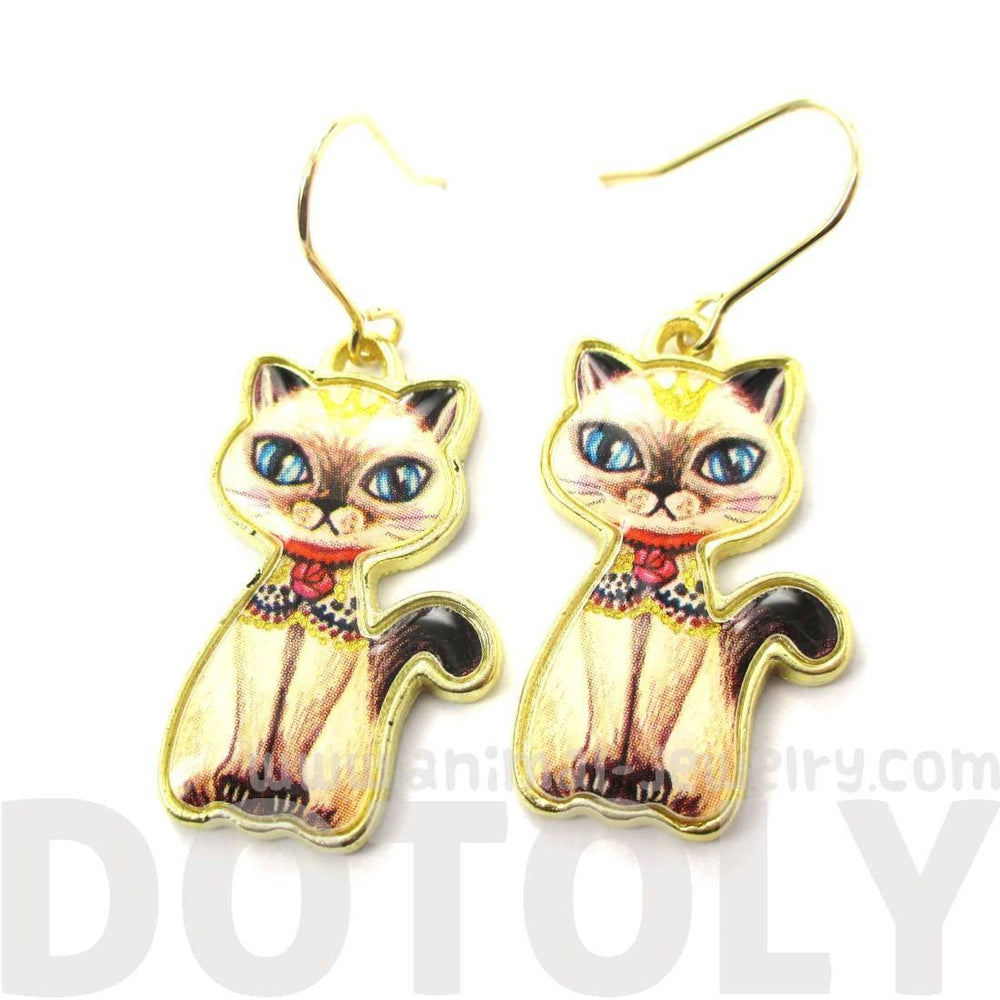 Princess Kitty Siamese Cat Fancy Illustrated Animal Dangle Earrings | DOTOLY | DOTOLY