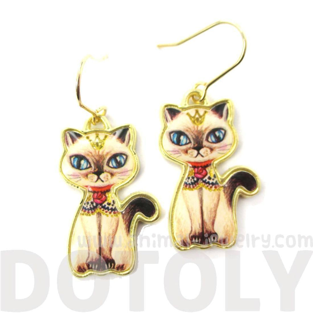 Princess Kitty Siamese Cat Fancy Illustrated Animal Dangle Earrings | DOTOLY | DOTOLY