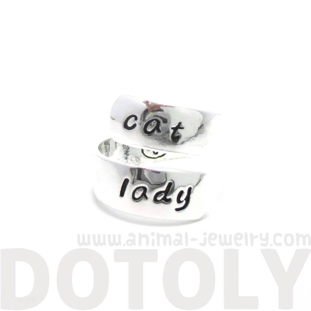 Proud Cat Lady Kitty Cat Engraved Wrap Ring in Silver | US Sizes 6 to 8 | DOTOLY