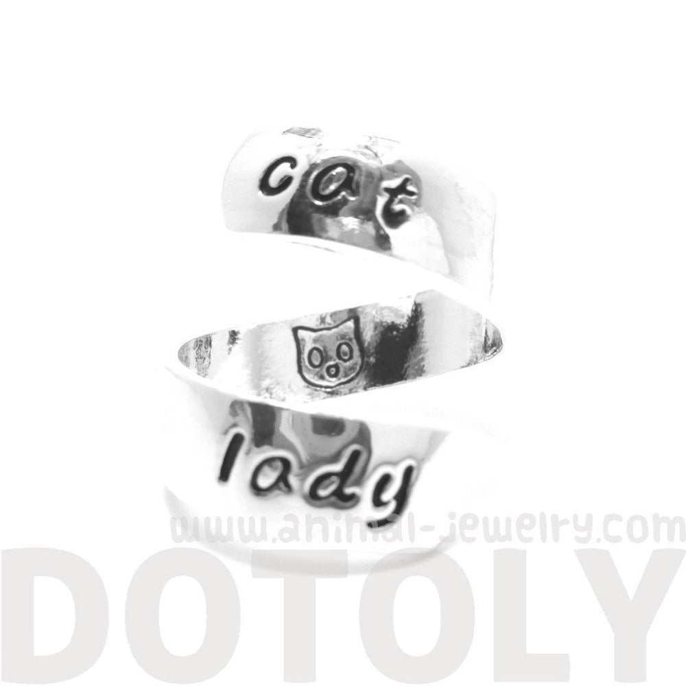 Proud Cat Lady Kitty Cat Engraved Wrap Ring in Silver | US Sizes 6 to 8 | DOTOLY