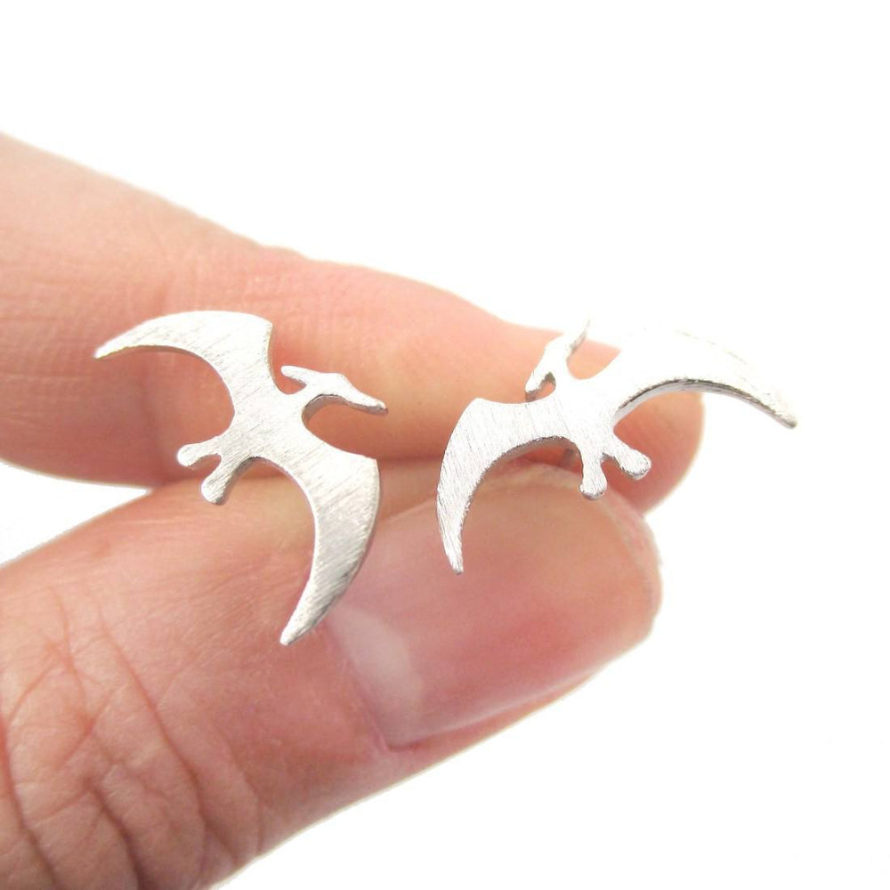 Pterodactyl Dinosaur Silhouette Prehistoric Animal Themed Stud Earrings in Silver | DOTOLY