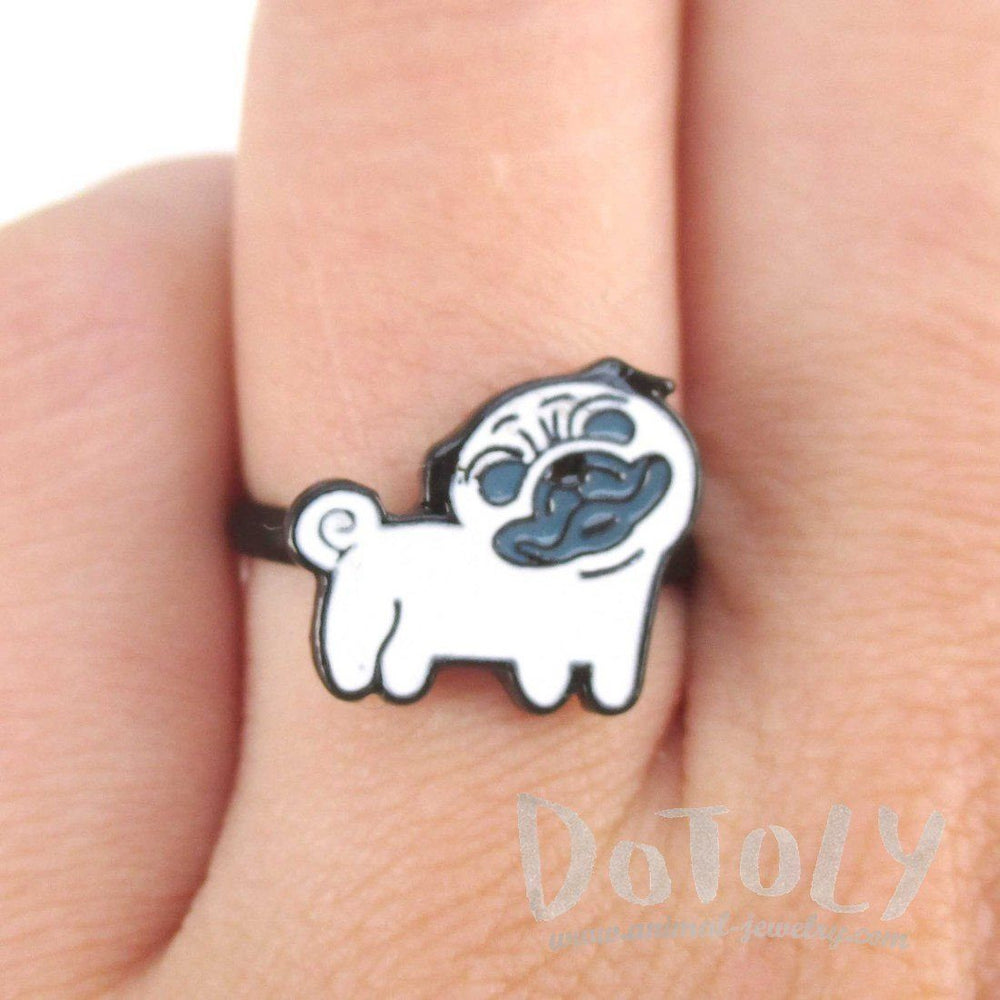 Pug with Curly Tail Shaped Enamel Adjustable Ring for Dog Lovers