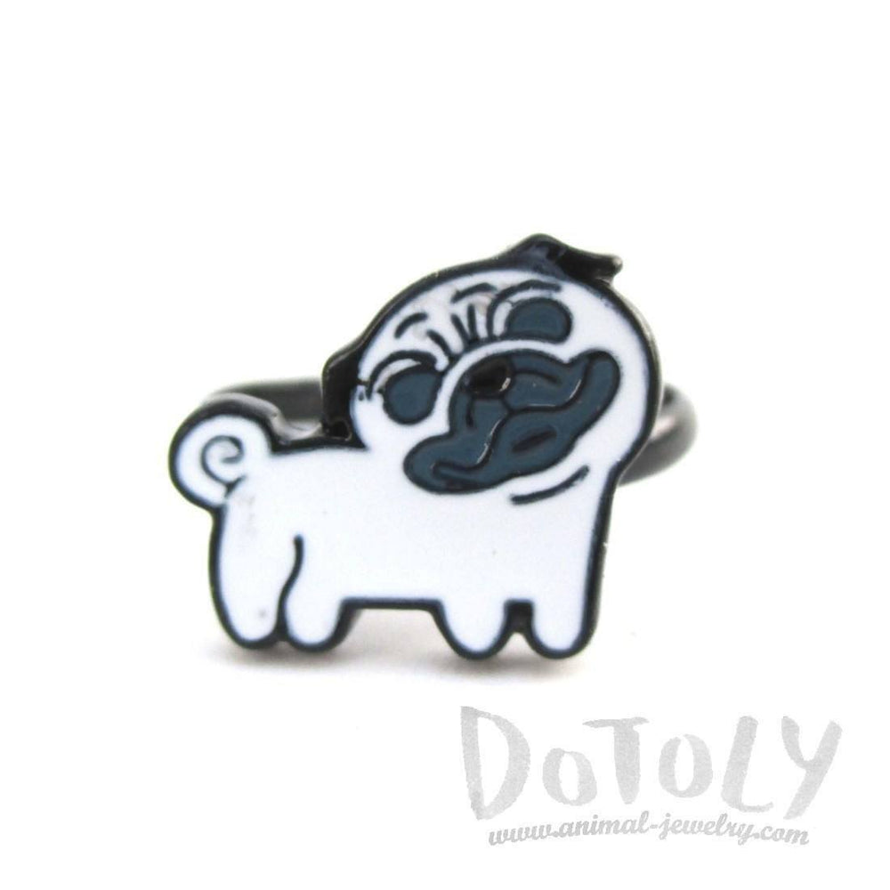 Pug with Curly Tail Shaped Enamel Adjustable Ring for Dog Lovers