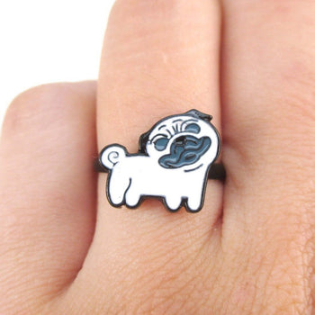 Pug with Curly Tail Shaped Enamel Adjustable Ring for Dog Lovers