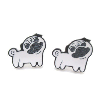 Cute Pug with Curly Tail Shaped Enamel Stud Earrings for Dog Lovers