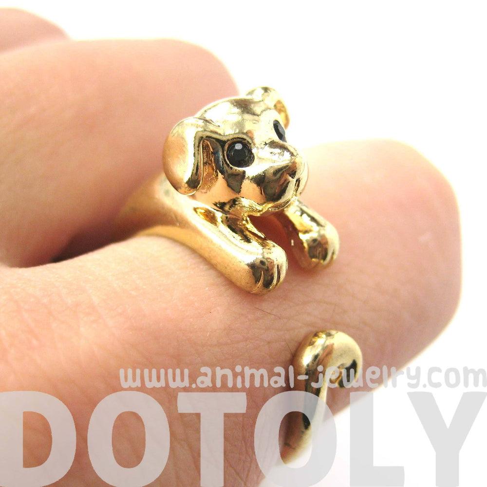 Puppy Dog Animal Wrap Around Ring in Shiny Gold | US Sizes 4 to 9 | DOTOLY