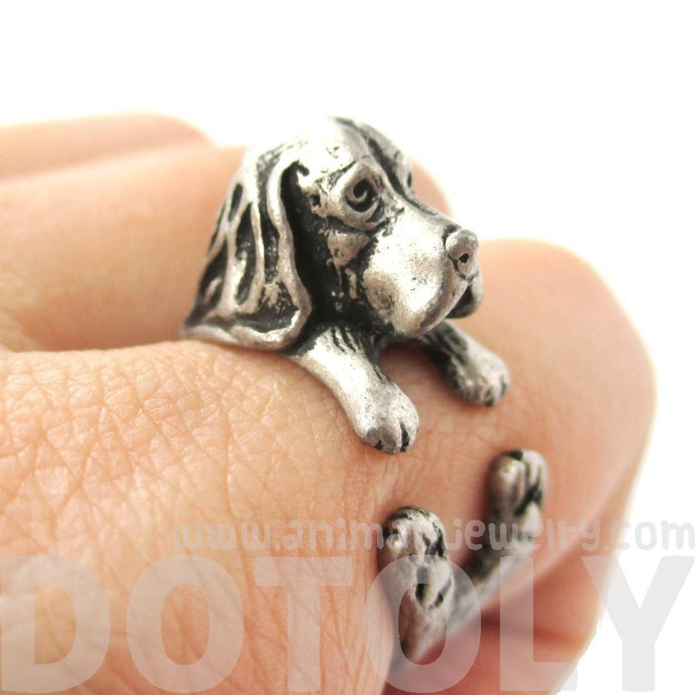 Realistic Basset Hound Shaped Animal Wrap Ring in Silver | Sizes 4 to 8.5 | DOTOLY