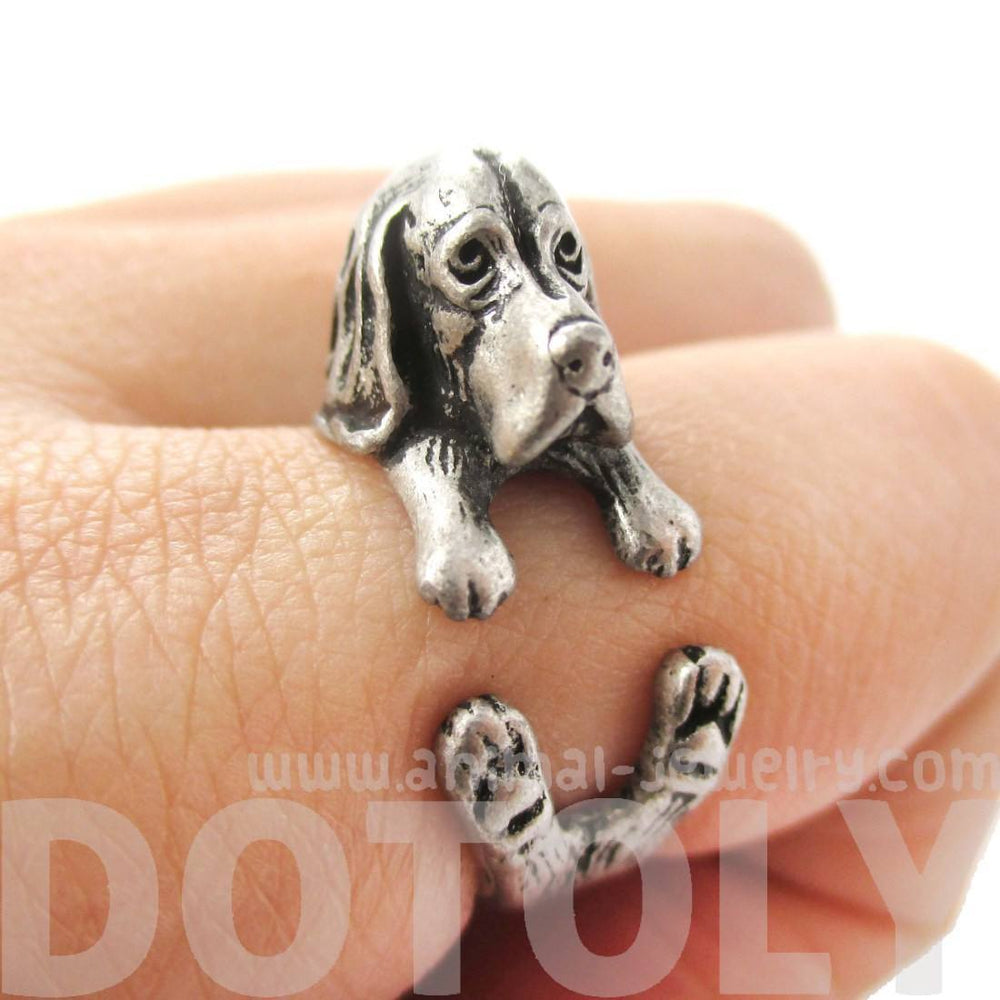 Realistic Basset Hound Shaped Animal Wrap Ring in Silver | Sizes 4 to 8.5 | DOTOLY