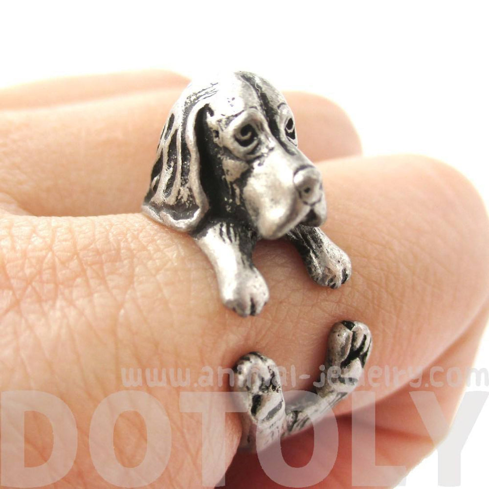 Realistic Basset Hound Shaped Animal Wrap Ring in Silver | Sizes 4 to 8.5 | DOTOLY