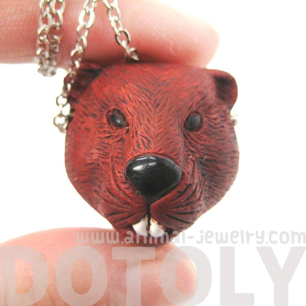 Realistic Beaver Head Shaped Porcelain Ceramic Animal Pendant Necklace | Handmade | DOTOLY