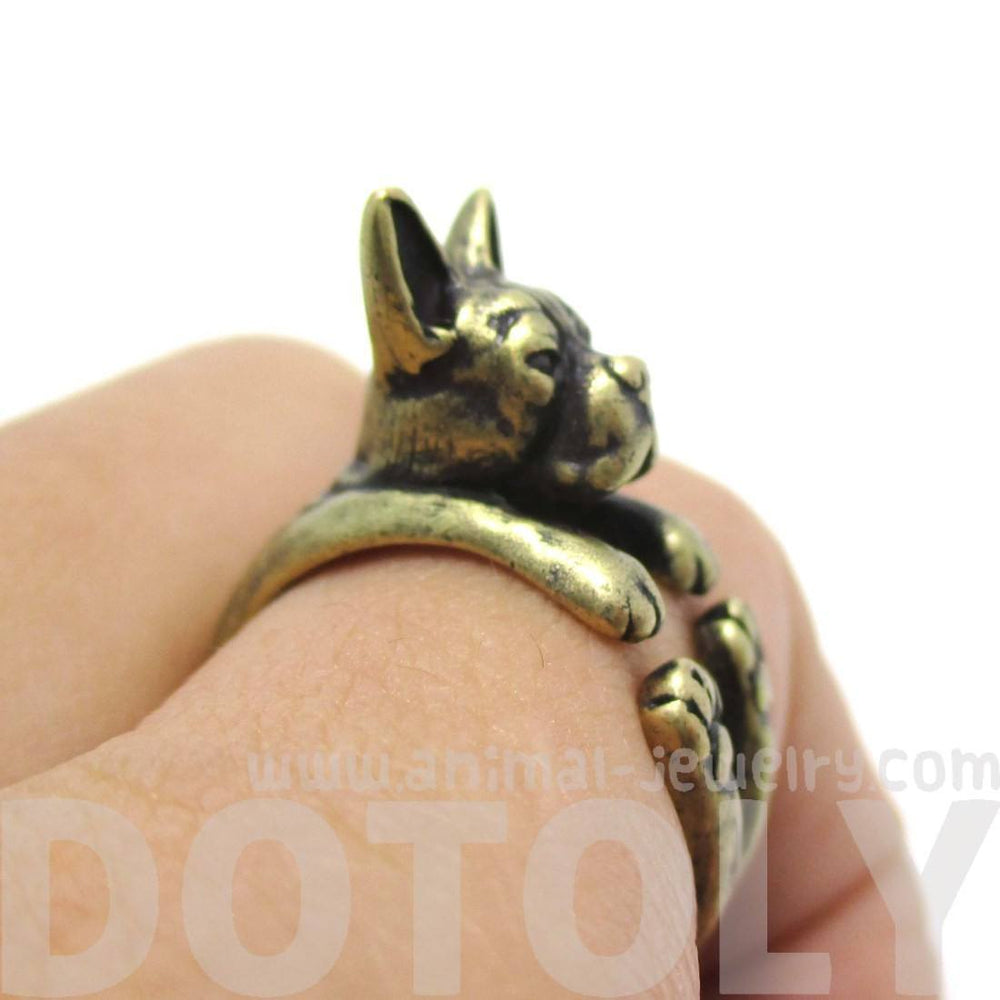 Realistic Boston Terrier Dog Shaped Animal Wrap Ring in Brass | US Sizes 5 to 9 | DOTOLY