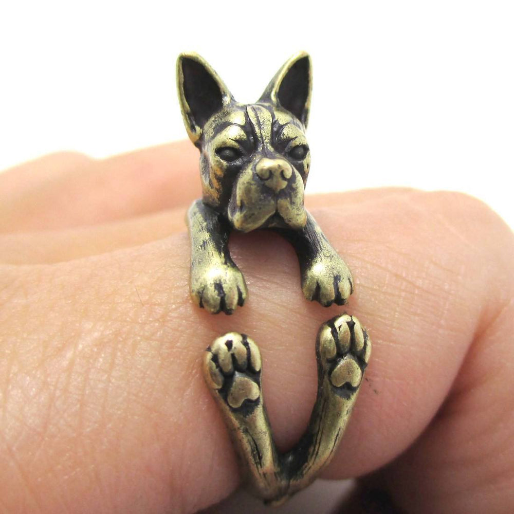 Realistic Boston Terrier Dog Shaped Animal Wrap Ring in Brass | US Sizes 5 to 9 | DOTOLY