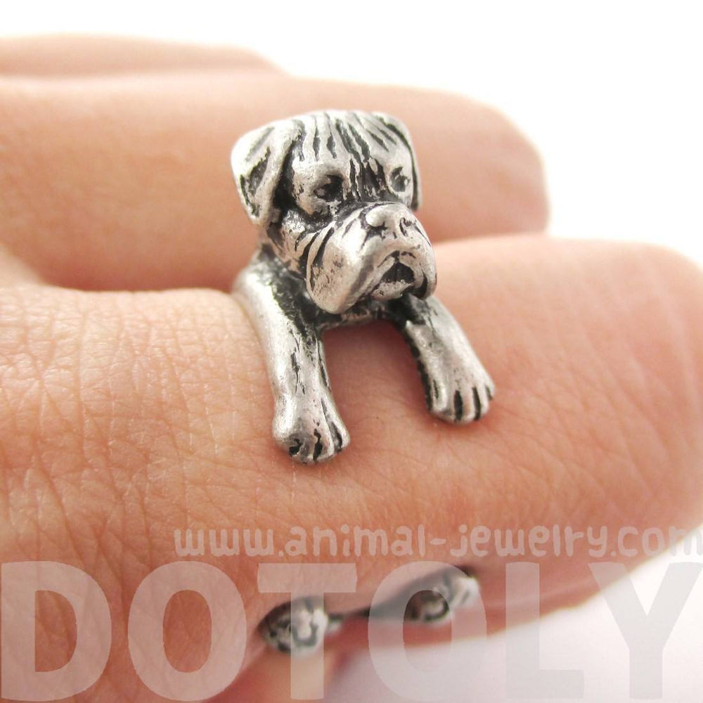 Realistic Boxer Dog Shaped Animal Wrap Ring in Silver | Sizes 4 to 8.5 | DOTOLY