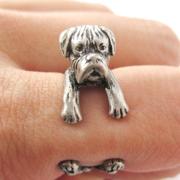 Realistic Boxer Dog Shaped Animal Wrap Ring in Silver DOTOLY