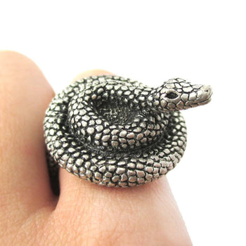 Realistic Coiled Snake On Your Finger Shaped Animal Ring in Silver | US Size 7 to 9 | DOTOLY