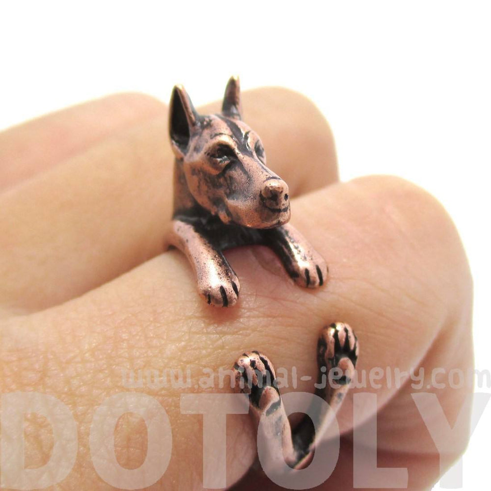 Realistic Doberman Pinscher Dog Shaped Animal Wrap Ring in Copper | Sizes 5 to 9 | DOTOLY