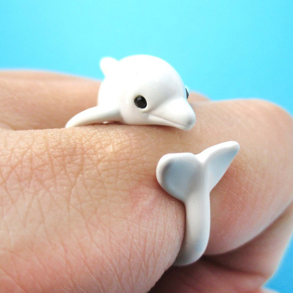 Realistic Dolphin Sea Animal Shaped Wrap Around Ring in White | US Size 5 to 8 | DOTOLY