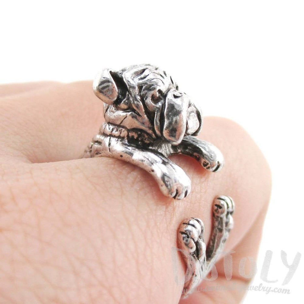 Realistic English Bulldog Shaped Animal Wrap Around Ring in Silver | Sizes 6 to 9 | DOTOLY