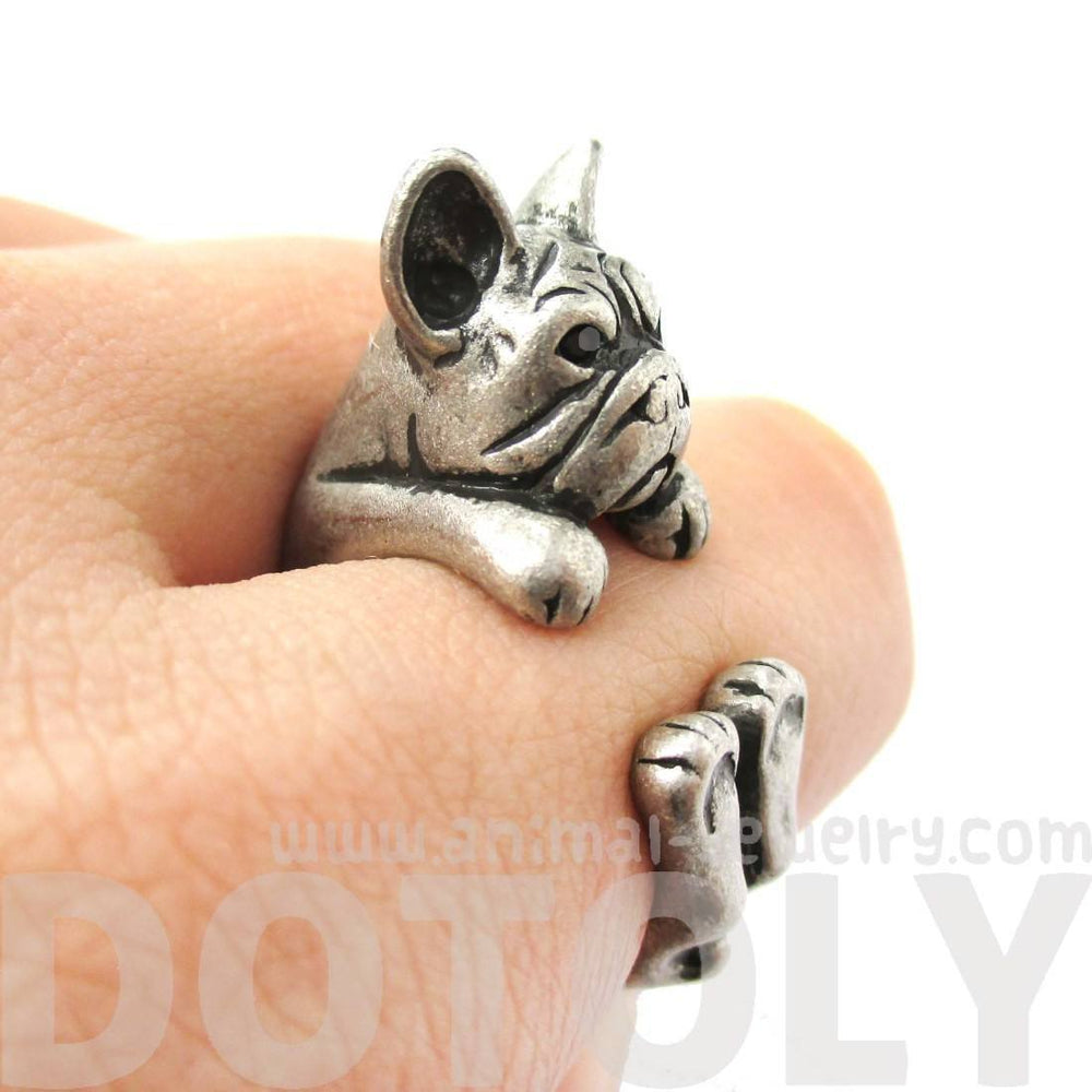 Realistic French Bulldog Dog Shaped Animal Wrap Around Ring in Silver | US Sizes 4 to 8.5 | DOTOLY