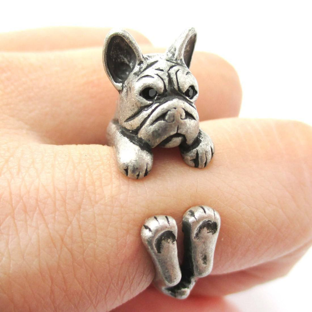 Realistic French Bulldog Dog Shaped Animal Wrap Around Ring in Silver | US Sizes 4 to 8.5 | DOTOLY