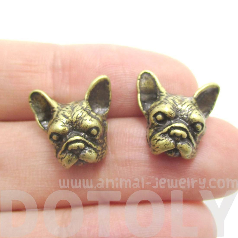 Realistic French Bulldog Puppy Dog Face Shaped Stud Earrings in Brass | DOTOLY | DOTOLY