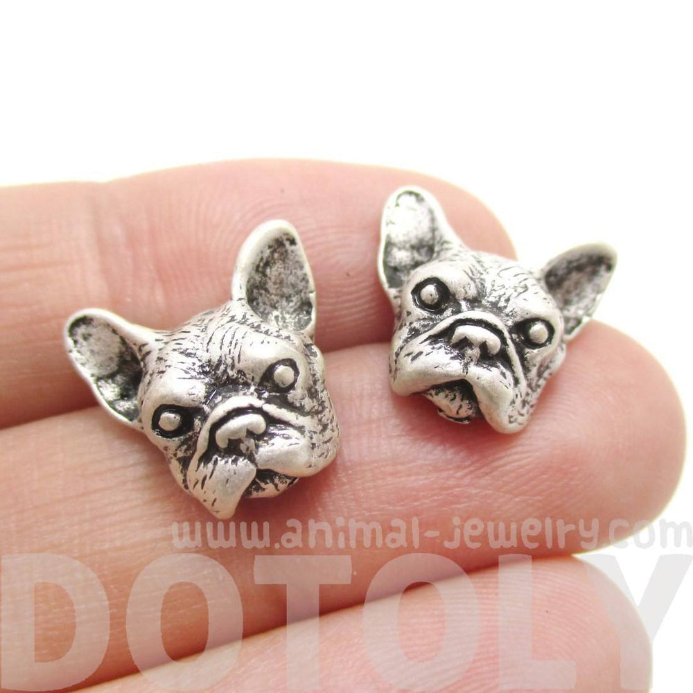 Realistic French Bulldog Puppy Dog Face Shaped Stud Earrings in Silver | DOTOLY | DOTOLY