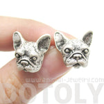 Realistic French Bulldog Puppy Dog Face Shaped Stud Earrings in Silver | DOTOLY | DOTOLY