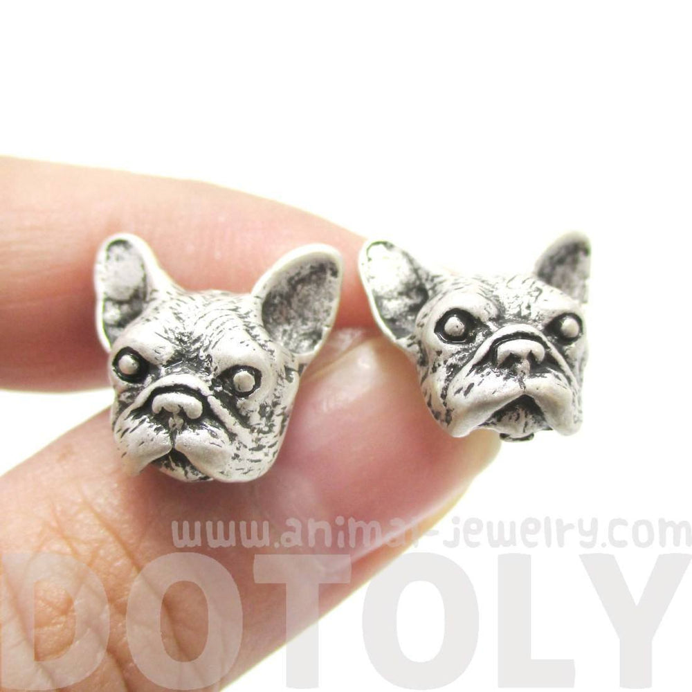 Realistic French Bulldog Puppy Dog Face Shaped Stud Earrings in Silver | DOTOLY | DOTOLY