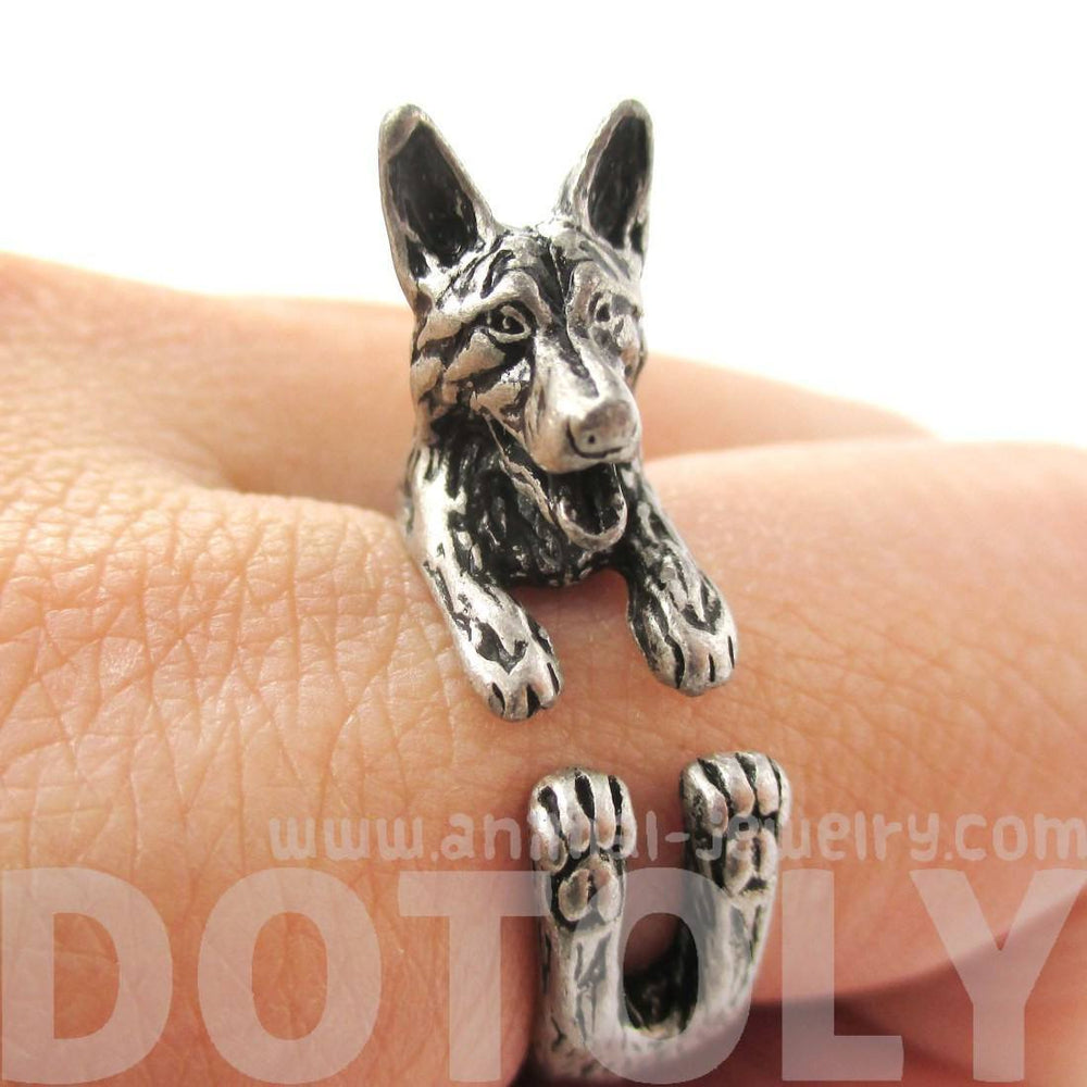 Realistic German Shepherd Shaped Animal Wrap Ring in Silver | Sizes 4 to 8.5 | DOTOLY