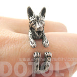 Realistic German Shepherd Shaped Animal Wrap Ring in Silver | Sizes 4 to 8.5 | DOTOLY