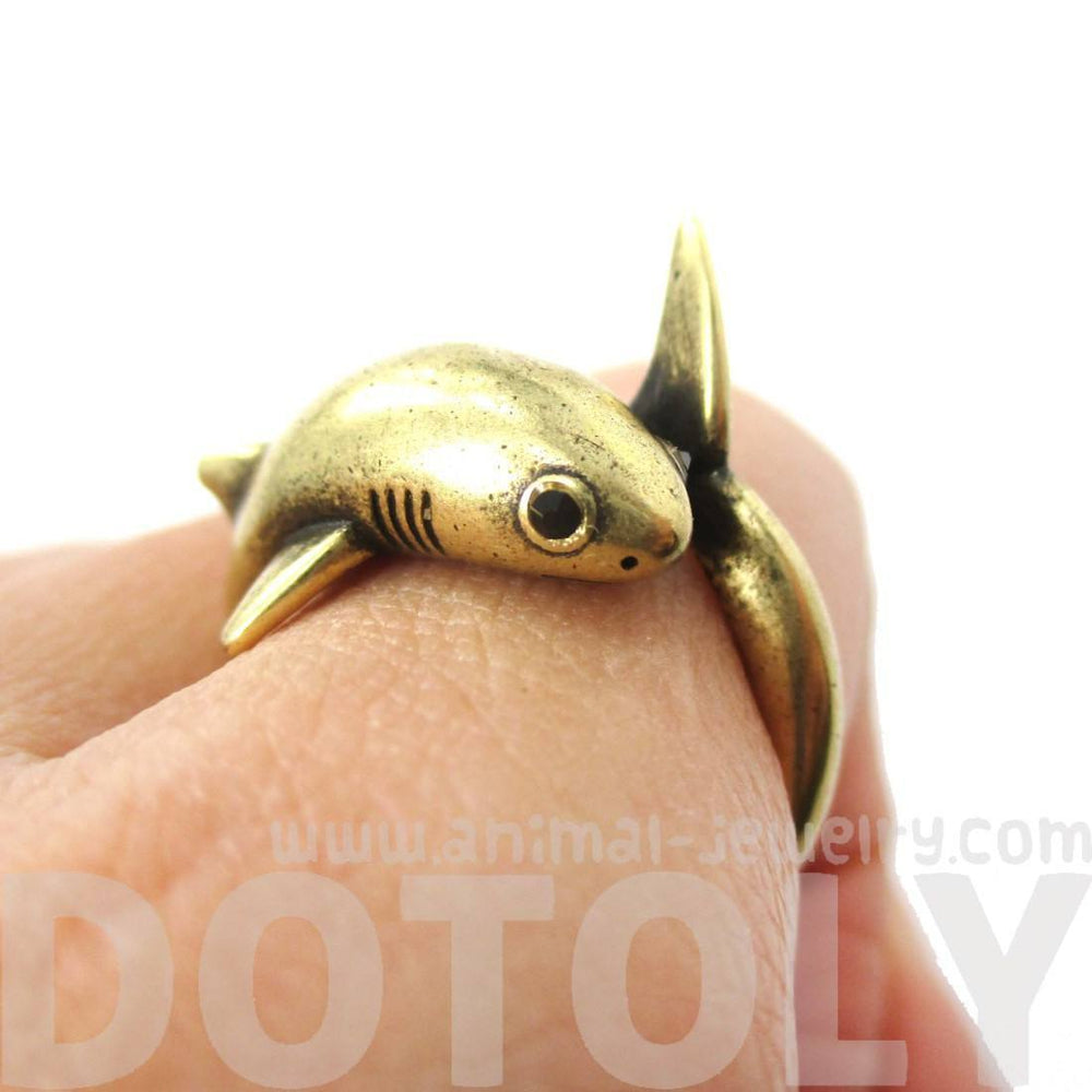 Realistic Great White Shark Shaped Animal Wrap Ring in Brass | US Size 6 to 9 | DOTOLY