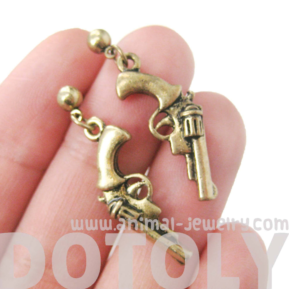 Realistic Gun Pistol Revolver Shaped Dangle Drop Stud Earrings in Brass | DOTOLY