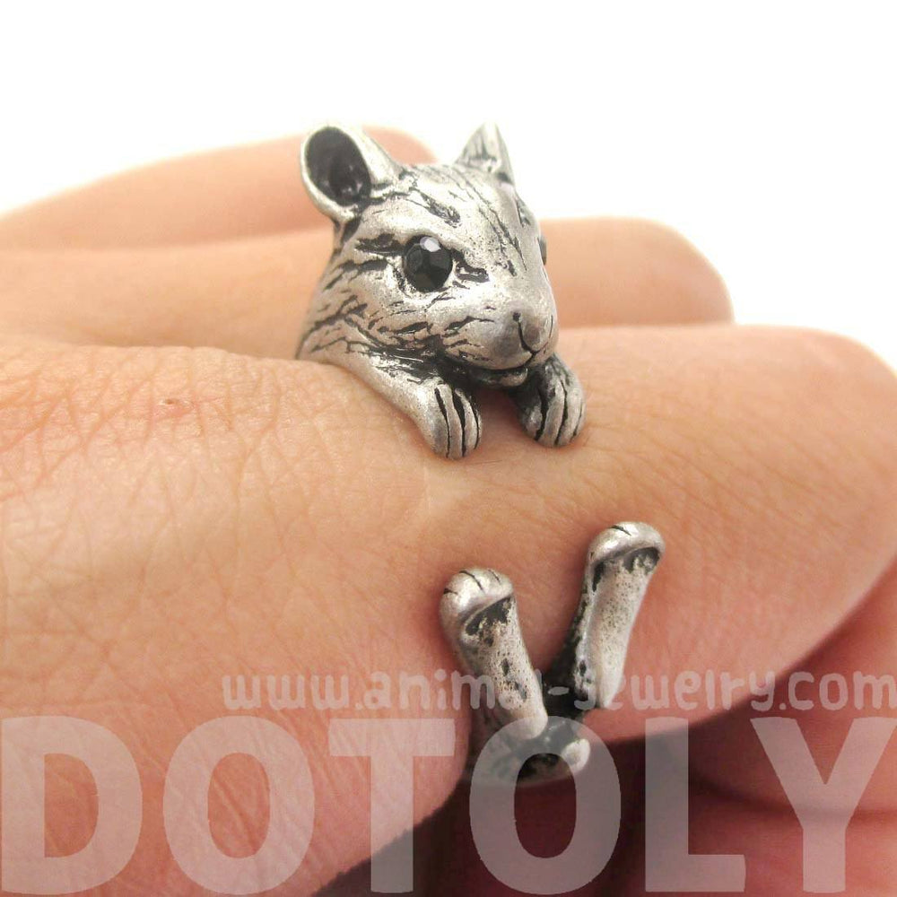 Realistic Hamster Gerbil Guinea Pig Shaped Animal Wrap Around Ring in Silver | US Sizes 4 to 8.5 | DOTOLY