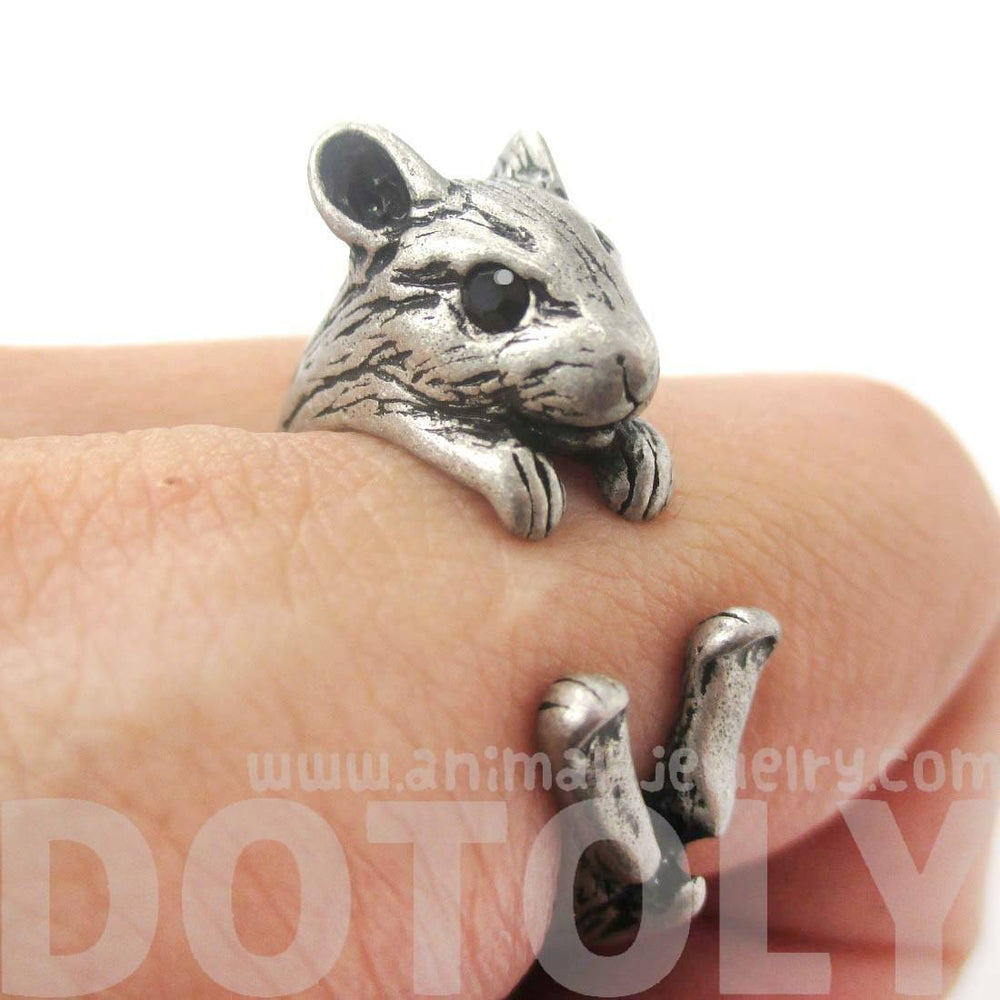 Realistic Hamster Gerbil Guinea Pig Shaped Animal Wrap Around Ring in Silver | US Sizes 4 to 8.5 | DOTOLY